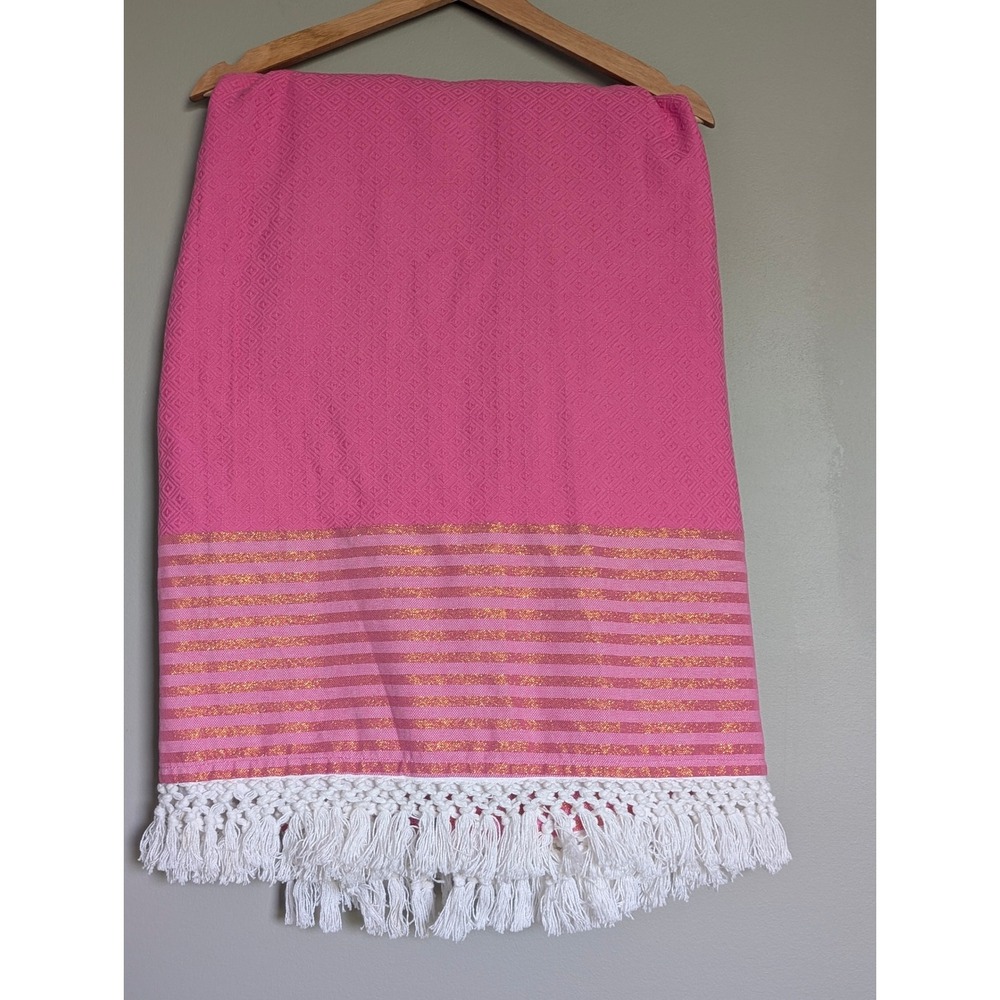 Lilly Pulitzer Pink/Gold Stripe Fringe Tablecloth 77x69 Diamond Rectangular